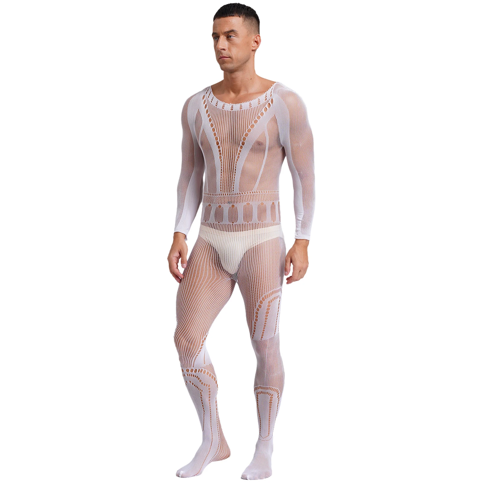 Mens Mesh Jumpsuit See-through Fishnet Bodystocking Hollow Out Long Sleeve Bodysuit Lingerie Exotic Sleepwear Nightwear Unitard