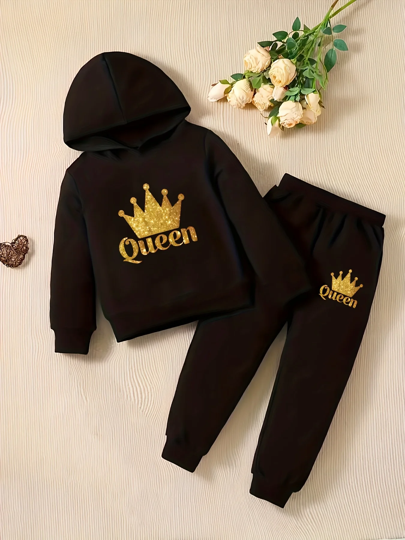 طقم هوديي من الصوف المطبوع على شكل تاج للفتيات حديثي الولادة وسراويل طويلة رياضية غير رسمية مناسبة للاستخدام في الهواء الطلق #3