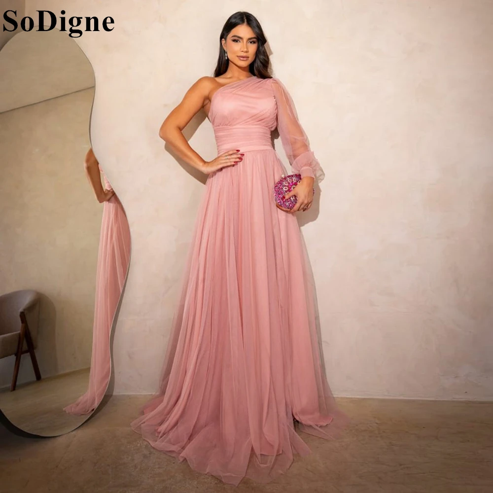 

SoDigne Elegant Tulle Evening Dresses A-Line One Shoulder Pleated Summer Party Dress 2024 Banquet Prom Gowns for Formal Occasion