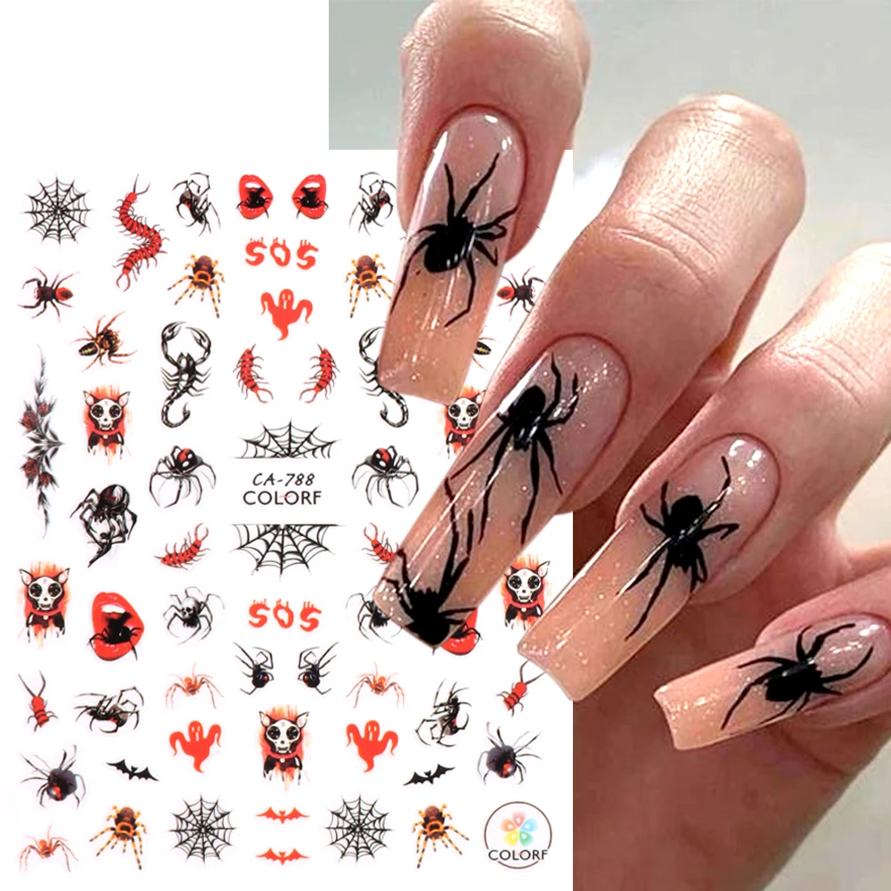 Halloween Spooky Nail Stickers Centipede Spider Nail Decals Blood Drips Scar Lips Skulls Sliders Manicure Horror Decor NTCA-788