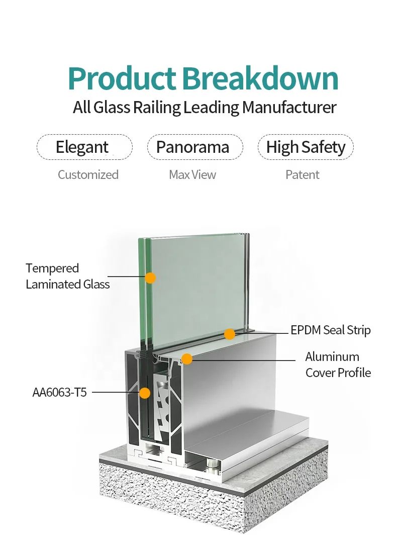 Customization Safety Frameless Tempered Glass Fence Railing System Aluminum U Channel Glass Balcony Railing