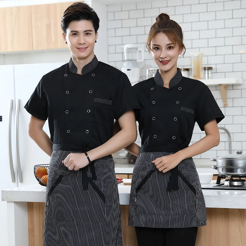 Jaqueta masculina de manga curta para chef, Roupa de trabalho do hotel, Restaurante, Uniforme de cozinha, Padaria, Café, Loja, Garçonete, Camisa, Avental, Chapéu