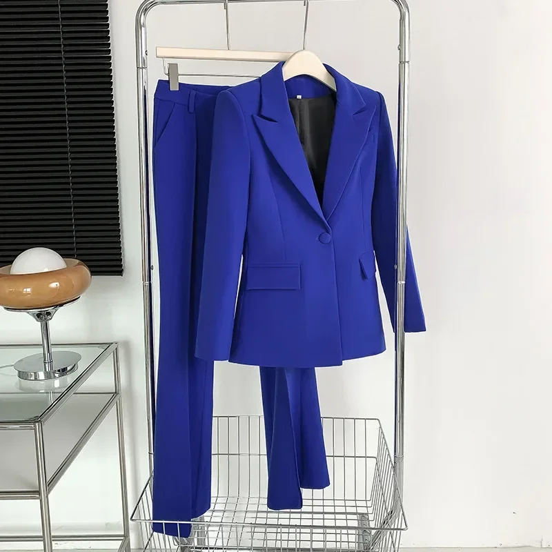 Royal Blue completo da donna Blazer formale + pantaloni bottone singolo Slim Fit cotone abbigliamento da lavoro da ufficio giacca da donna cappotto