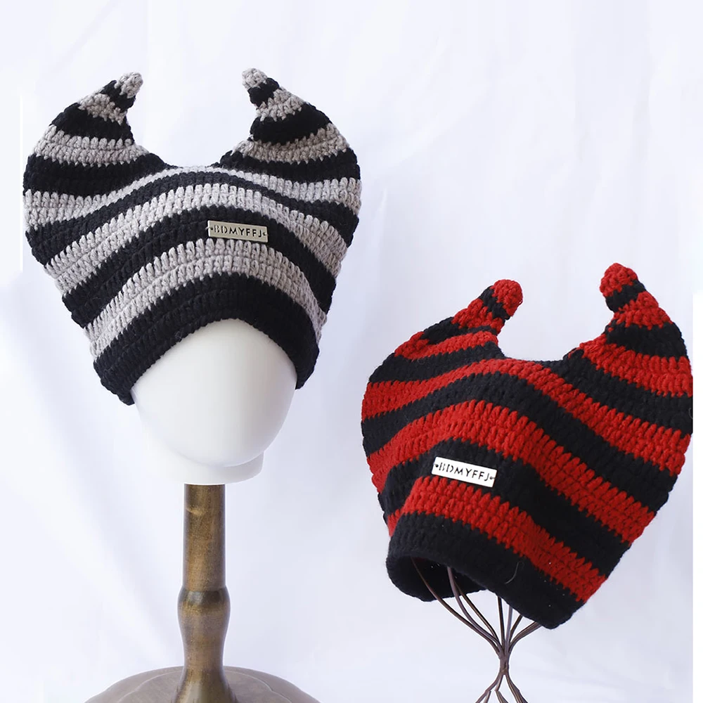 

Japanese striped wool funny horn hat Women Men Autumn Winter Halloween party hat Warm Knit Beanies