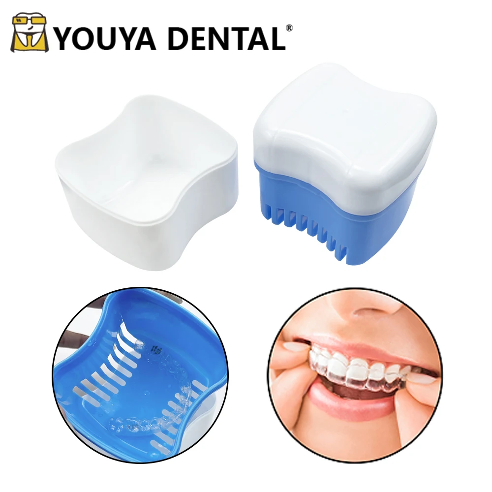 Oral Denture Care Bath Box False Teeth Cleaning Nursing with Hanging Net Container Cleaning False Dental Retainer Box