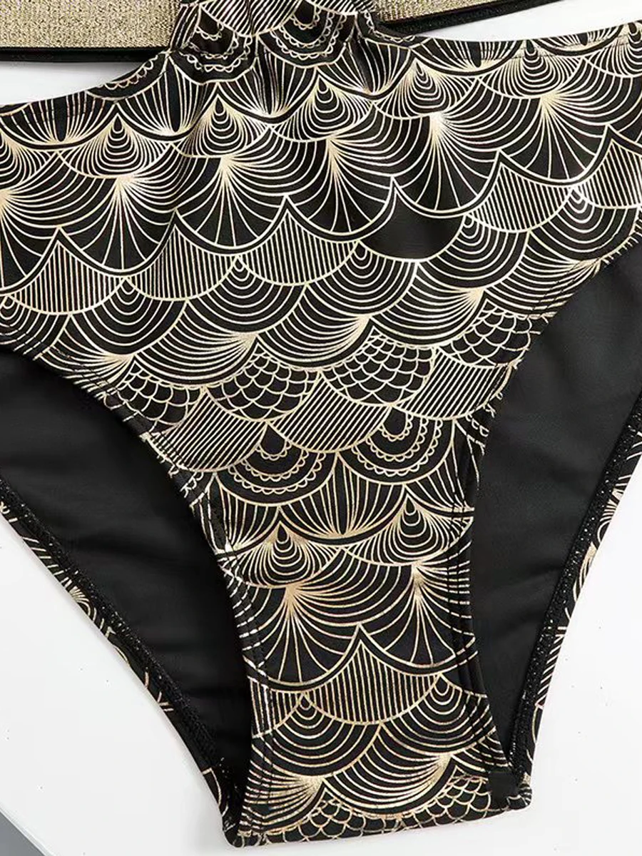 2025 Sexy Strape Bikini Donna Vita alta Costume da bagno dorato Stampa Costumi da bagno Bagnanti femminili Costume da bagno Cravatta posteriore Beachwear