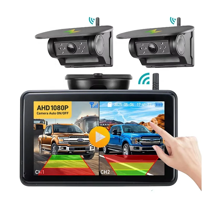 2 Magnetic Solar Charging Wireless Backup Camera With 5'' DVR Recorder Monitor BSD Blind Spot Alarm For Trucks/RV/Trailer/Camper