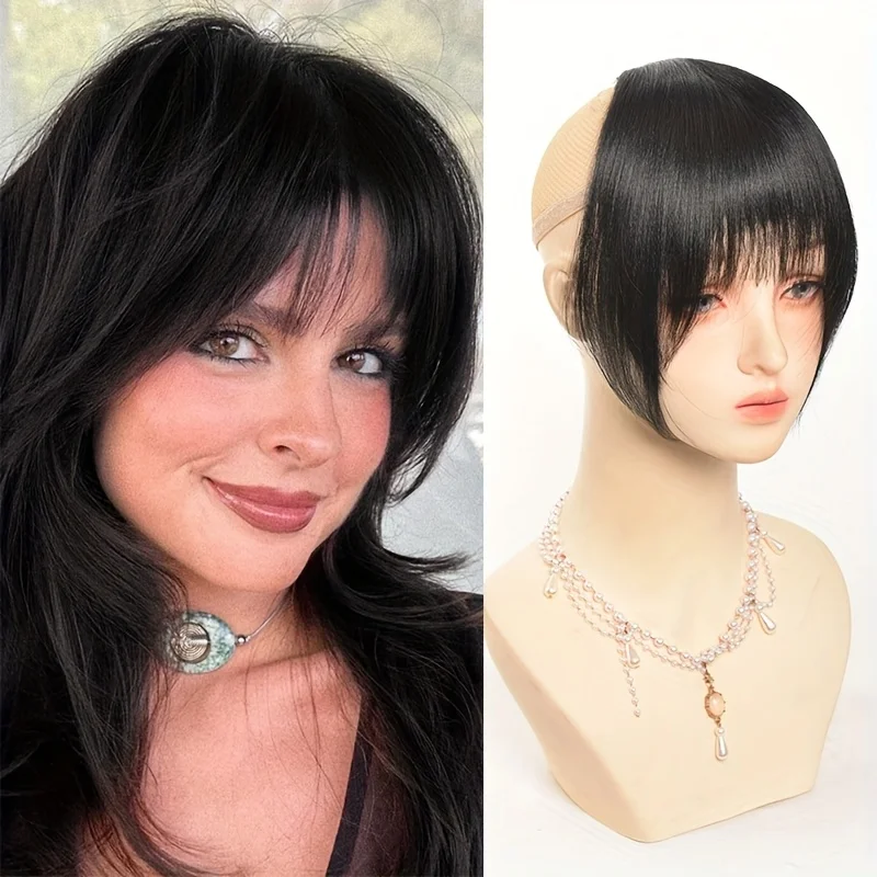 Flequillo sintético liso con patillas, flequillo francés grueso, extensión de cabello con clip de 3 piezas, postizo negro