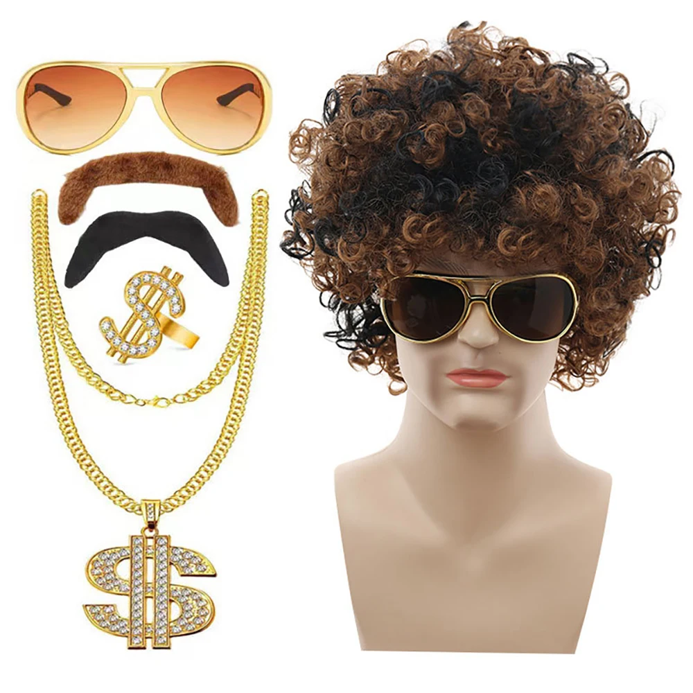 Halloween Costume Afro Full Wig Hip Hop Millionaire With Gold Chain Sunglasses Mustache Disco Party Funny Props For Men Women