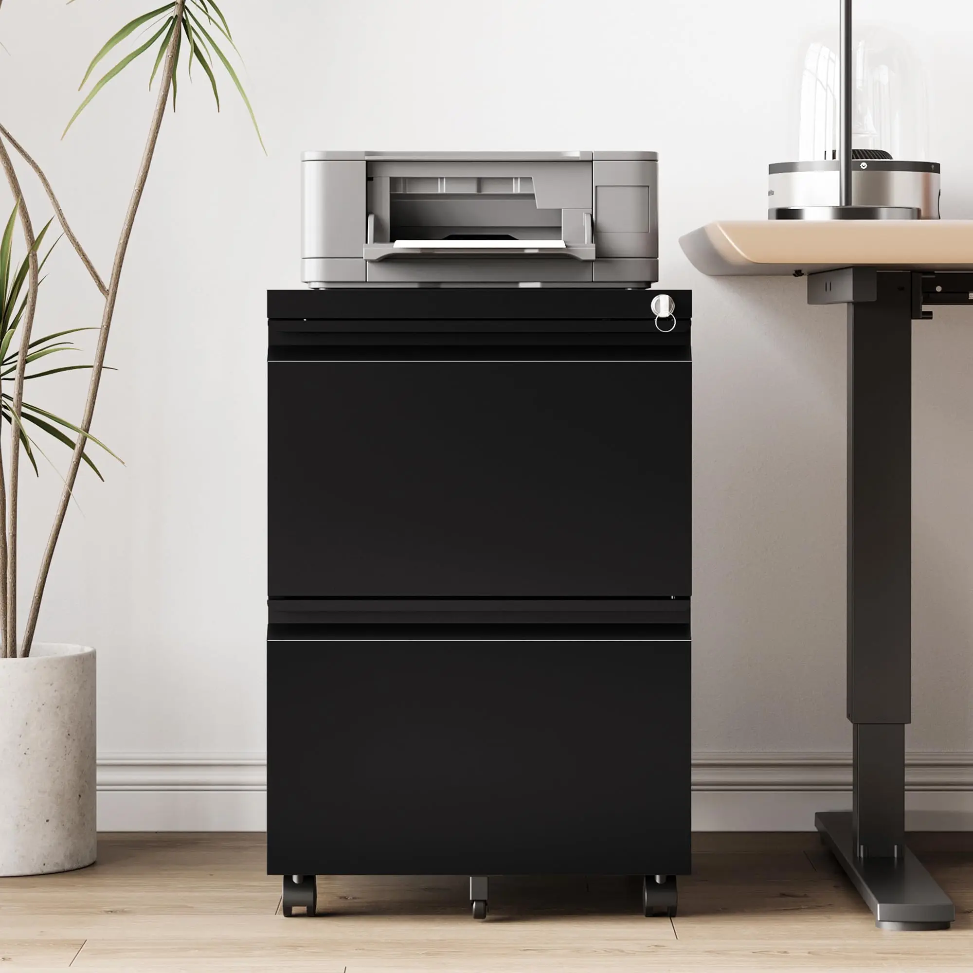2 Drawer File Cabinet，Mobile Filing Cabinet with Lock and Wheels，Fully Assembled Metal Under Desk File Cabinets for