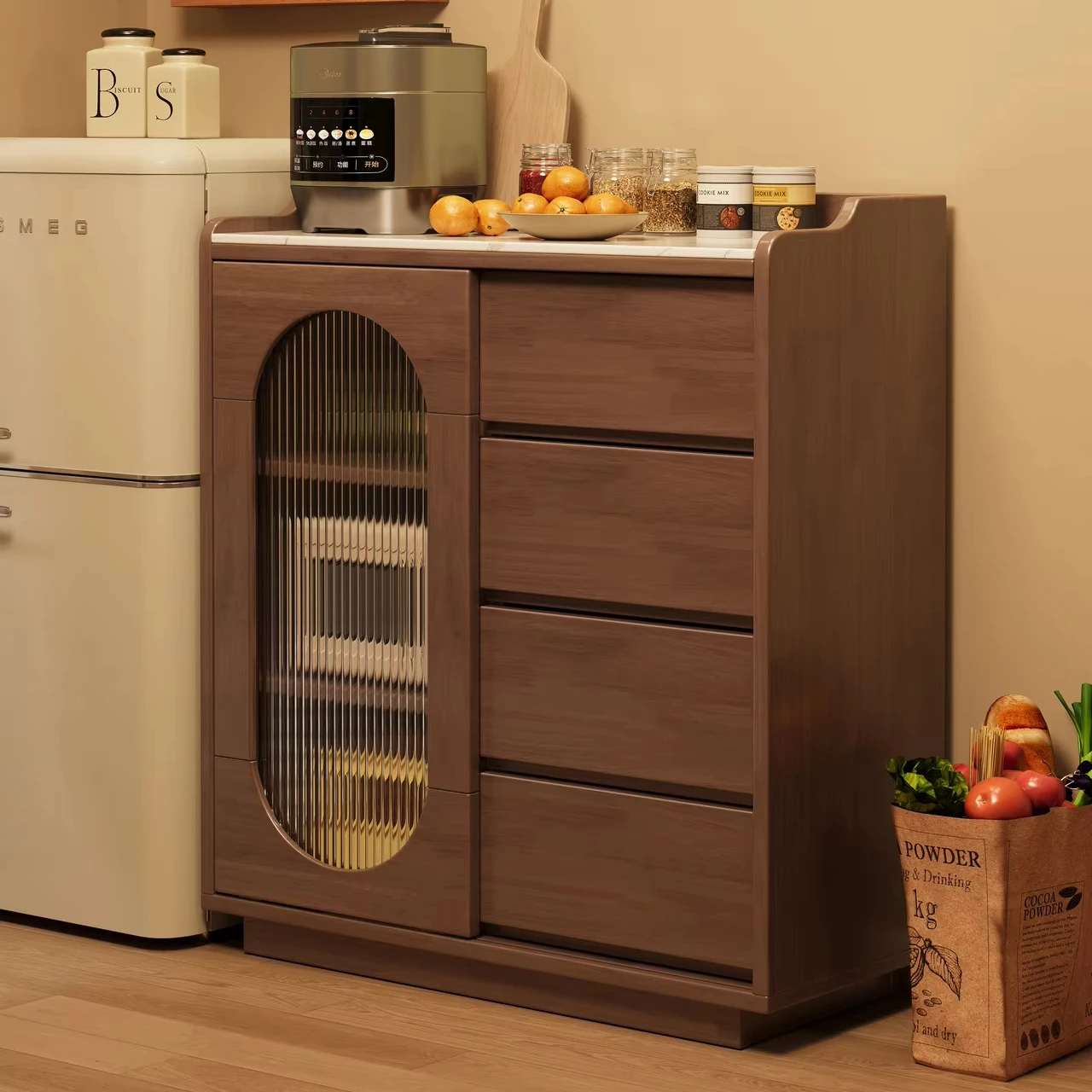 

@￥Solid Wood Tall Sideboard Buffet Cabinet with Glass Doors, Drawers Freestanding Kitchen Pantry Storage