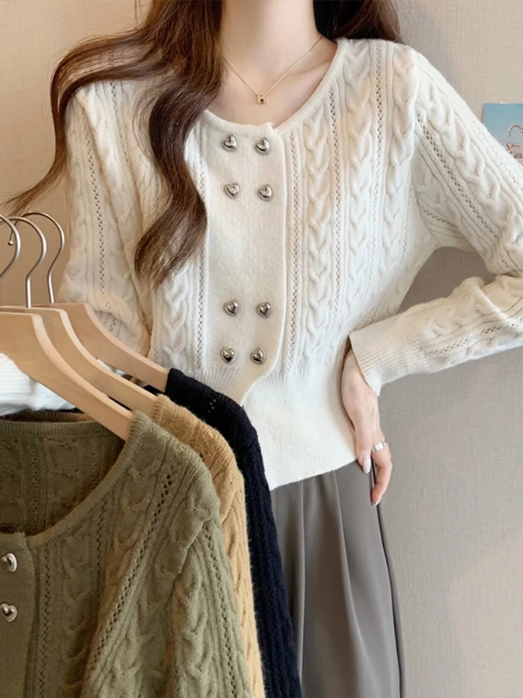 

Love Shaped Button Decor Sweater Women's Spring Autumn Vintage Double Breasted Short Sleeve Knitted Cardigan Slim chic Top
