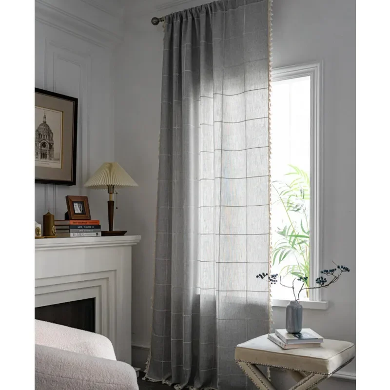 NH4218Jacquard plaid curtain full polyester imitation cotton and linen tassel kitchen curtain Nordic style