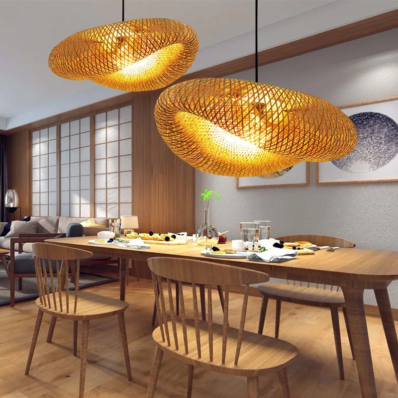 HandMade Vintage Bamboo Weaving LED Pendant Light Home Hanging Chandelier Lighting Living Room Kitchen Rattan Woven Lamp