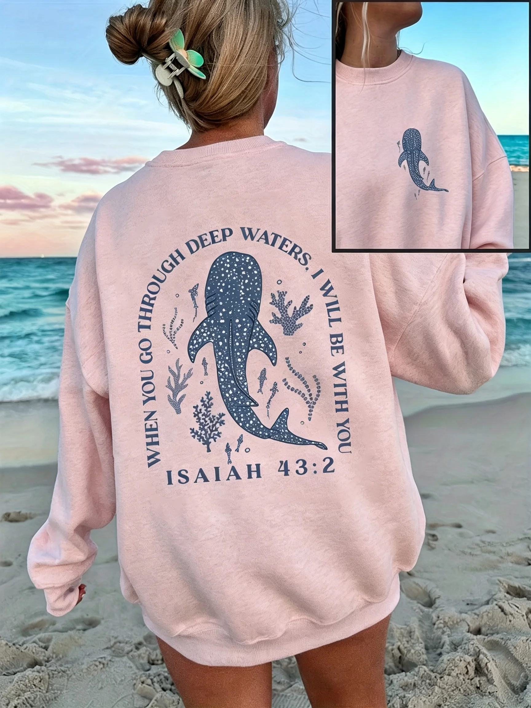 Women's casual and relaxing beach vacation shark-patterned printed loose round-neck long-sleeve hoodie hoodies women