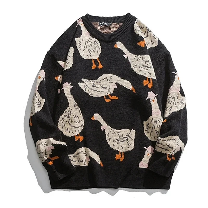 Japanese Knitted Sweater Men Cartoon Animal Duck Goose Print Harajuku Casual O-neck Oversize Top Streetwear Unisex Fall Pullover