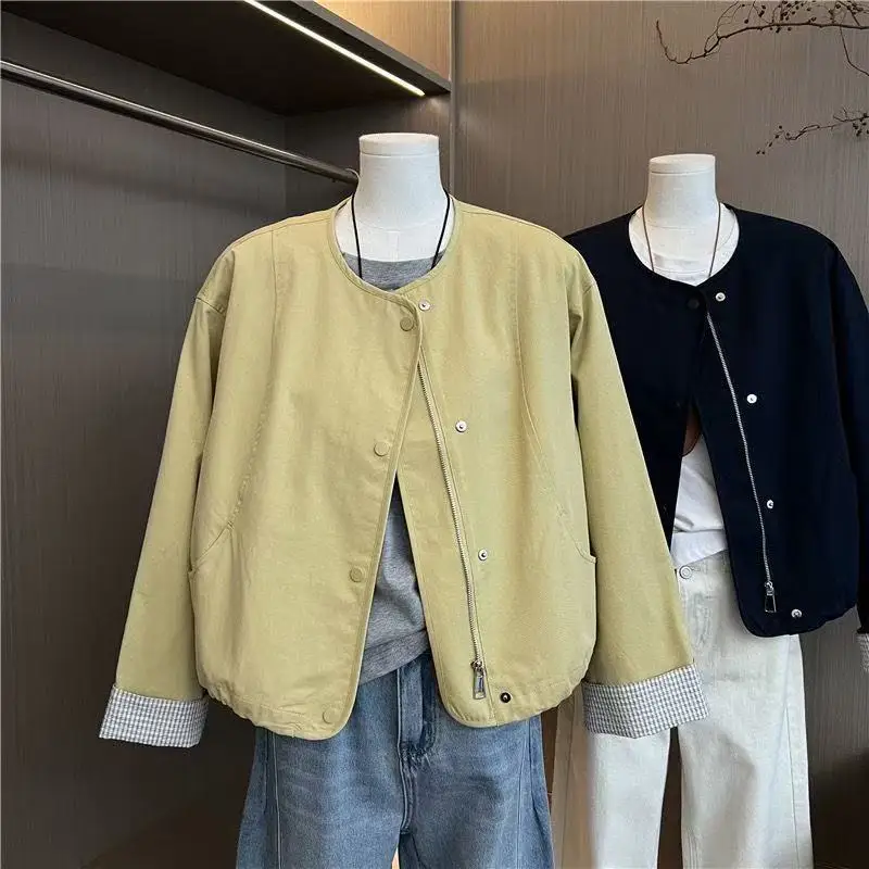 

Baseball Jackets for Women Solid Vintage Korean Style Loose O-neck Cardigans Long Sleeve Workwear Coats Harajuku Women Clothing