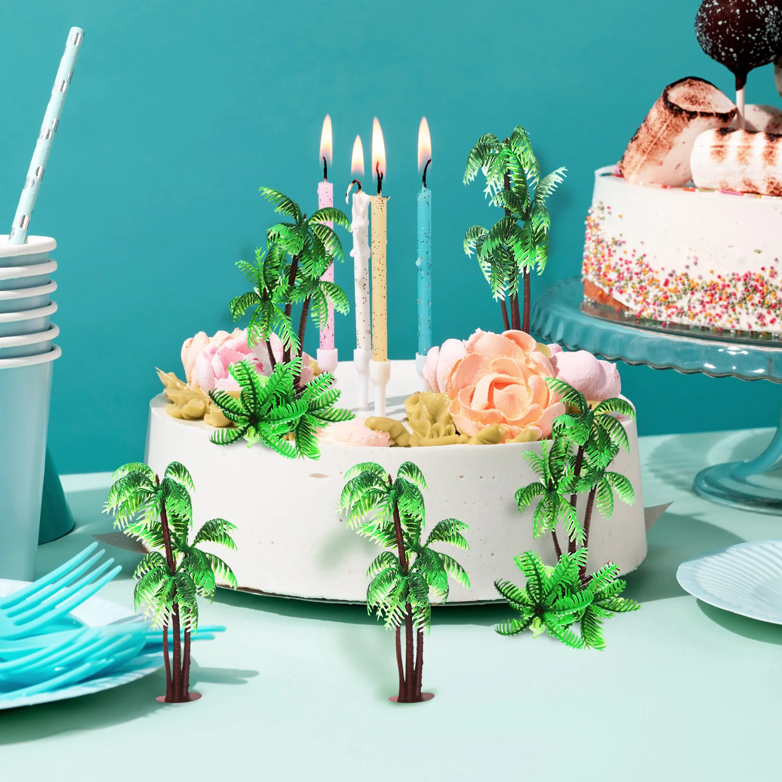 

15Pcs Palm Tree Cake Toppers Plastic Coconut Tropical Decorations Mini Trees for Luau Birthday Party Beach Theme Supplies