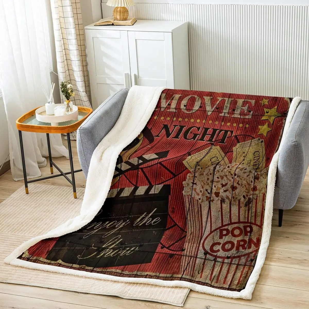 Movie Theater Throw Blanket Cinema Poster Design Blanket for Couch Sofa, Popcorn Stars Print Bed Blanket for Kids Boys