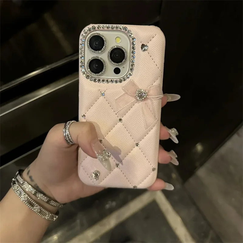 Luxury Girl Heart Sparkling Diamond Grid Apple 16 Phone Case Apple 16 Promax New iPhone 16 Pro Pink 15/14/13 Protective Case