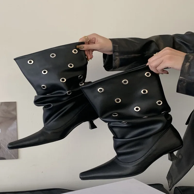 Eilyken Designer Pleated Hollow Out Button Women Ankle Boots Fashion Pointed Toe Thin Low Heels Party Dress Shoes