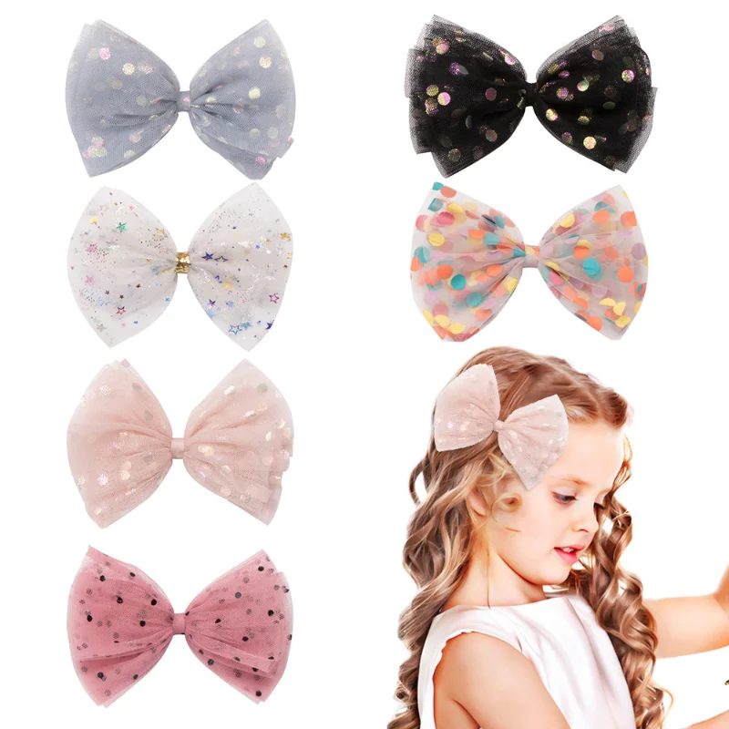 Children's Hair Clip Colorful Polka Dot Mesh Princess Large Bow Hair Snowflake Star Half Wrapped Cloth Top Clip Hair Accessories