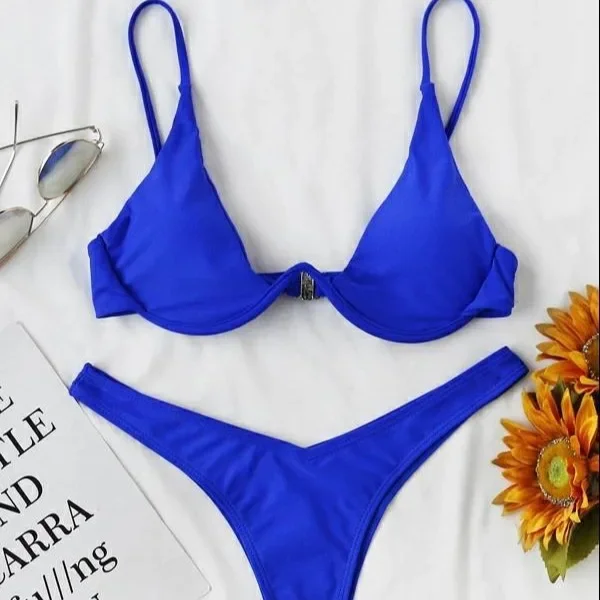 Sexy Underwire Bikini 2024 Women Solid Red Push Up Bra Thong Swimsuit V Neck Bathing Suit Mini Micro Thong Swimwear