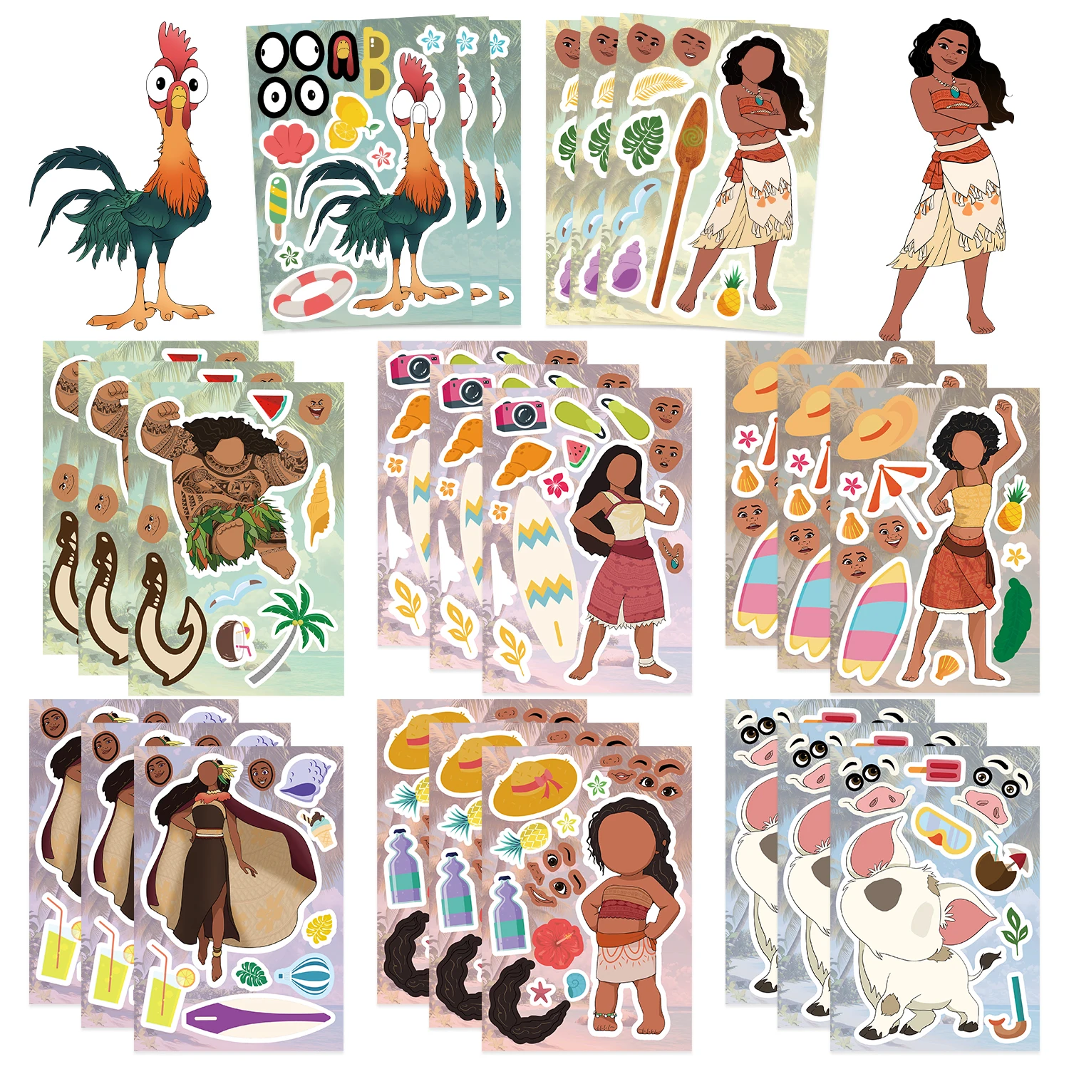 8/16/24 pçs engraçado moana fazer uma cara quebra-cabeça adesivos crianças fazer seu próprio jogo diy crianças dos desenhos animados jigsaw educação brinquedo presente