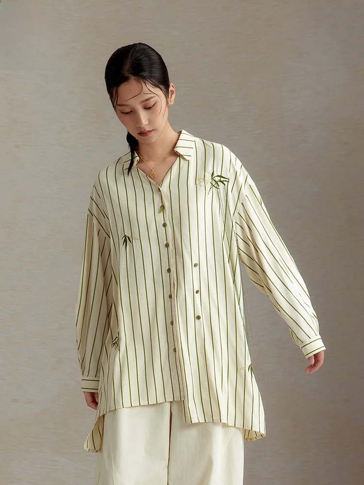 

Retro Striped Loose Fit Midi Shirt for Women Asymmetrical Design Fashionable Versatile Polyester Blend Long Sleeve Shirt