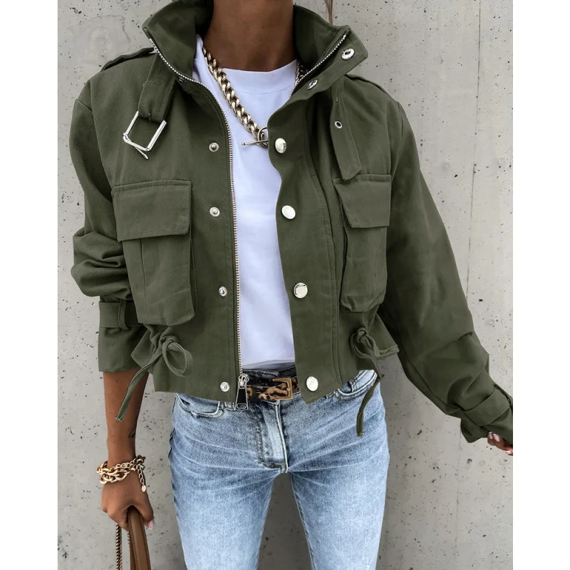 

2025 new women's clothing European and American style jacket jacket short top army green pocket zipper long-sleeved jacket