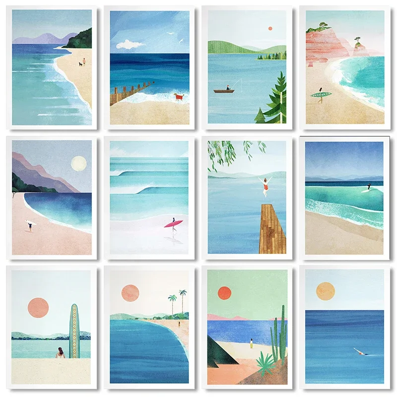 Canvas Painting Wall Art Picture Simple Outdoor Summer Beach Scenery Poster Sunset Surfers Swimming Ocean Living Room Home De