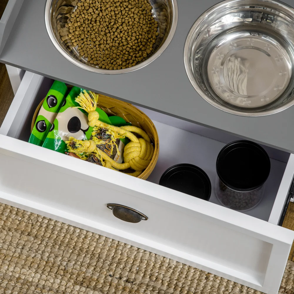 PawHut Dog Feeding Station with Storage Drawer, 2 Removable Elevated Bowls for Large Dogs, White view 8