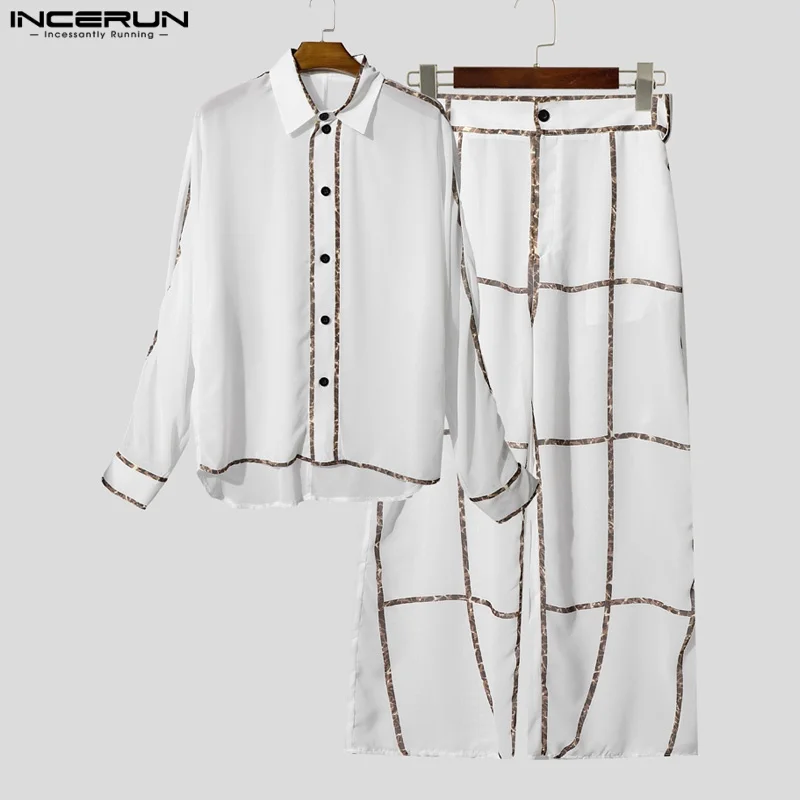 INCERUN Men Sets Print Patchwork Loose Long Sleeve Shirt & Pants Two Pieces Sets Streetwear Fashion Casual Men Suits See Through