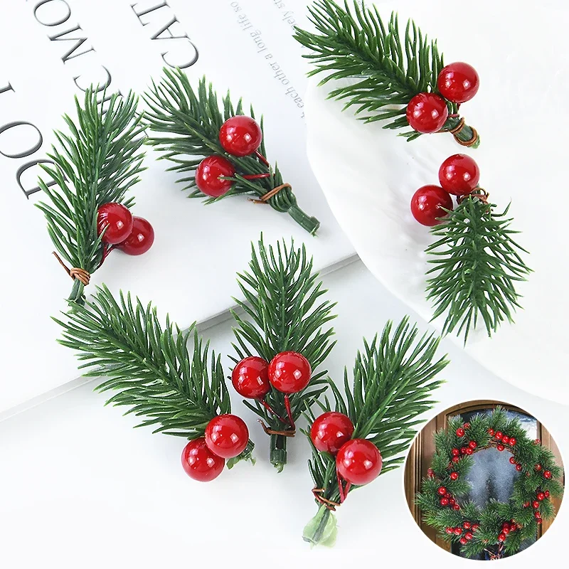 

10/20pcs Christmas Red Berry Pine Cone Holly Branches Artificial Pine Needles Xmas Tree Ornament Home Decoration DIY Wreath Gift