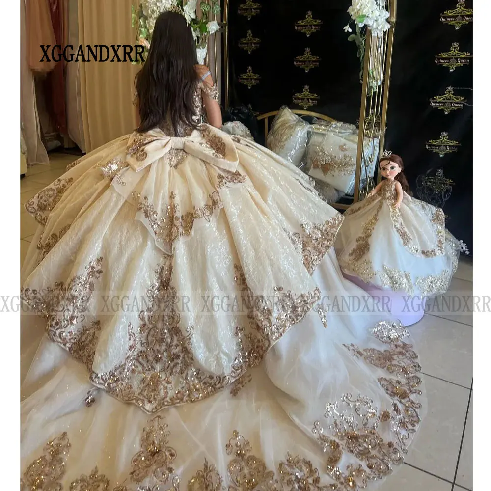 Luxus Gold Spitze von der Schulter Quince anera Kleider Ballkleid Blumen applikationen Spitze Tull Korsett für süße 15 Mädchen Party kleid