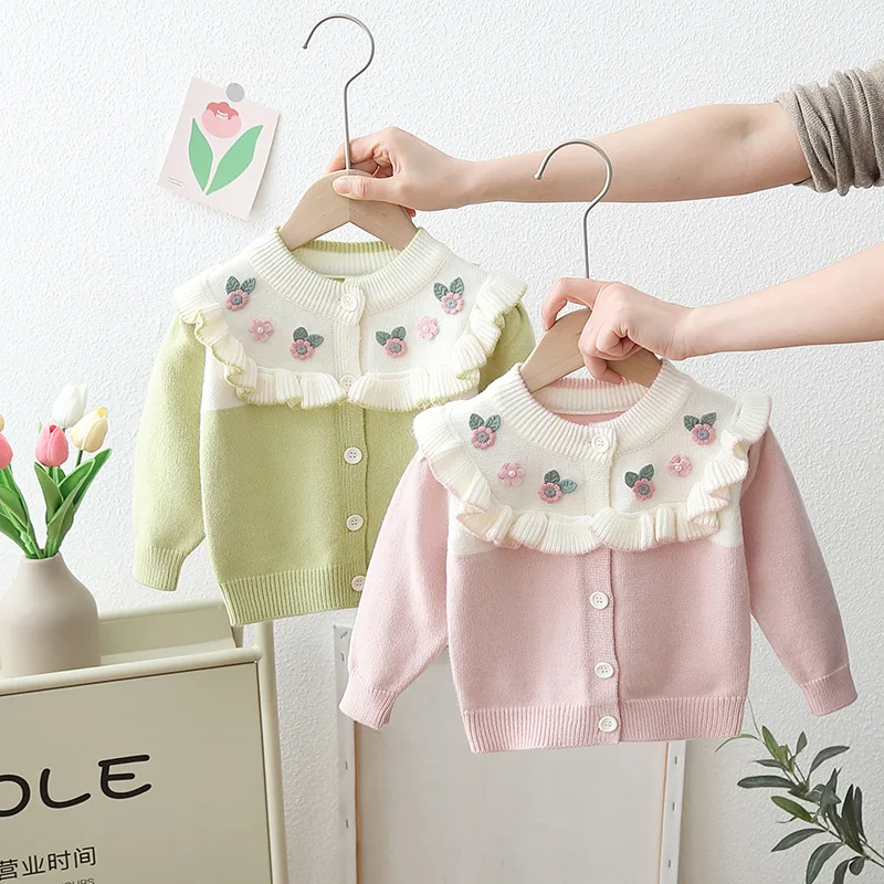 1-4TKorean version kids girls solid color knitted cardigan 2023 fall new kids baby cute flower sweater jacket