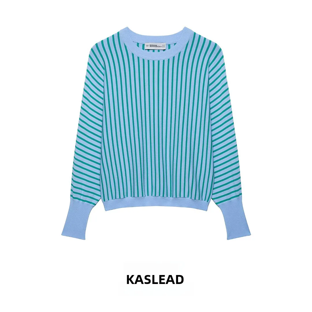 KASLEAD New Fashionable Striped Knitted Sweatshirt Women's All-Match Style 3653017 Polyester Fiber Hooded Spring Season