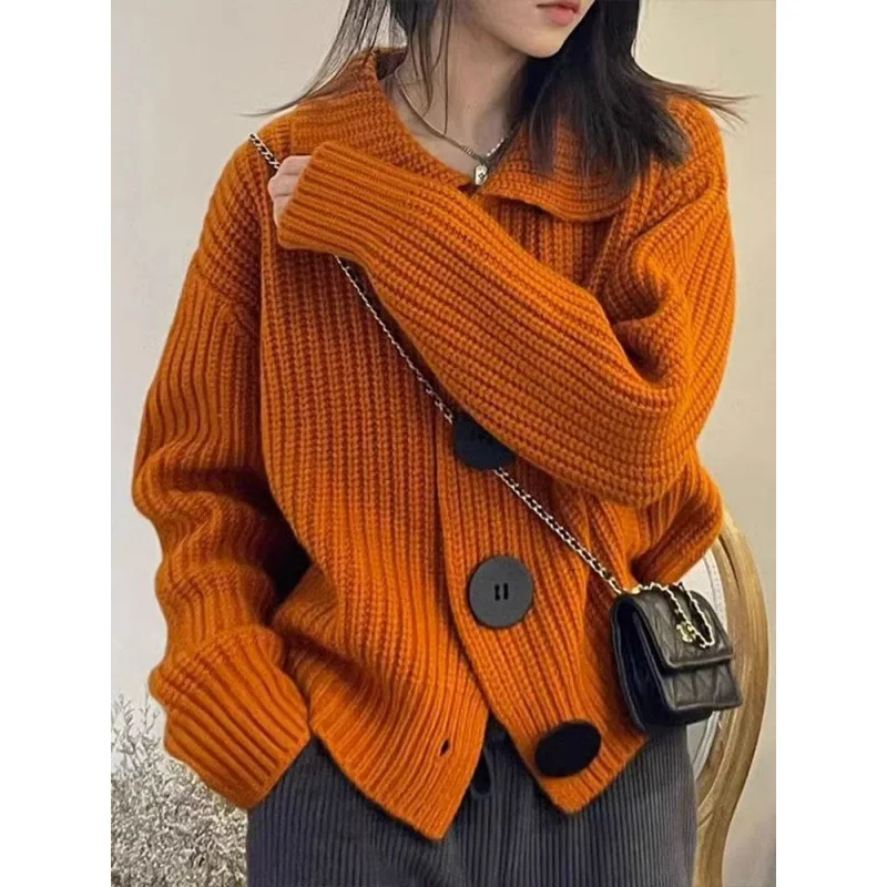 Women Knitting Sweater Cardigan 2025 Autumn Winter New French Retro Cardigan Pumpkin Orange Collared Loose Knitted Outerwear