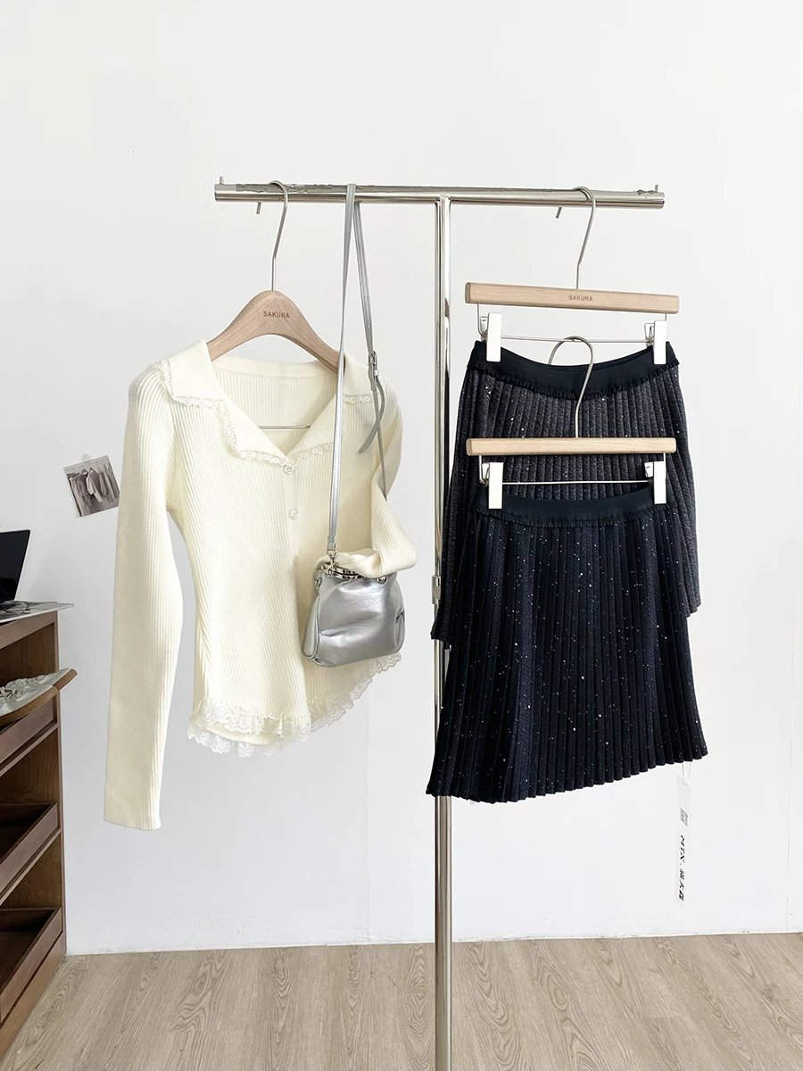 Gray Woolen Plaid A-Line  Skirt High Waist Women's Autumn Winter Design Sensation Shiny Short Skirt Anti-Light Walking