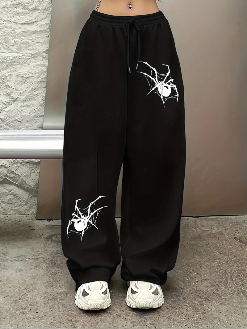 

Casual Athletic Straight-Leg Pants Black with White Spider Web Design Elastic Waistband & Pockets, Machine Washable Spring/Fall