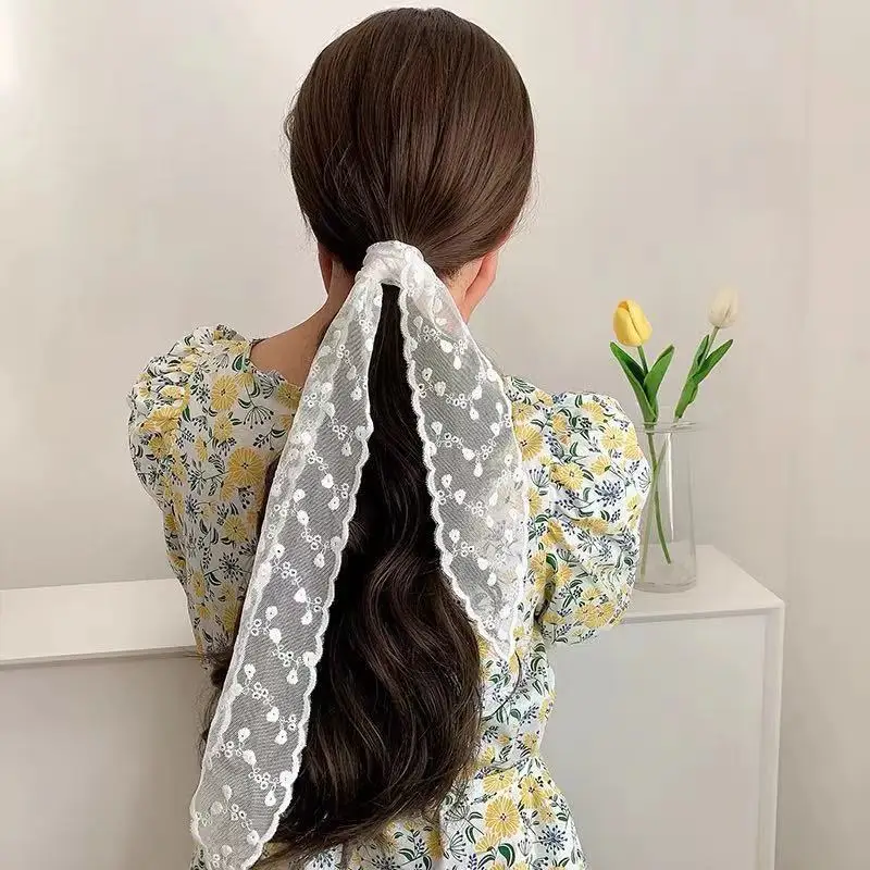 Fashion Solid Color Lace Embroidery Women\'s Hair Scarf Korean Style Hair Long Ribbons Scarf Hair Bands  Headwear