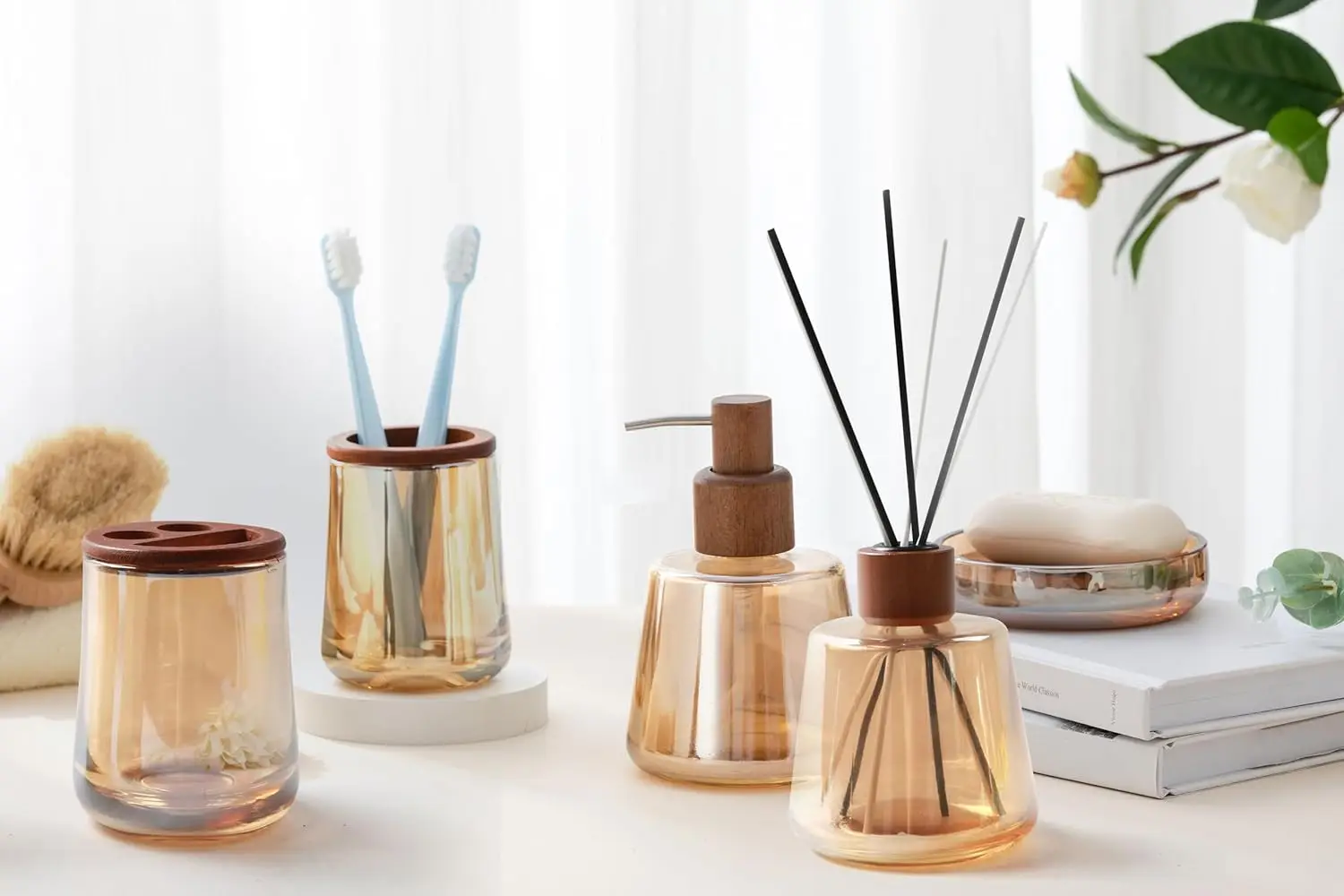 

HJ 5PCS Gold Glass Bathroom Accessories Set,4mm Heavy-Duty Glass&Wood Bathroom Decor (Lotion Soap Dispenser,Aromatherapy Bottle,