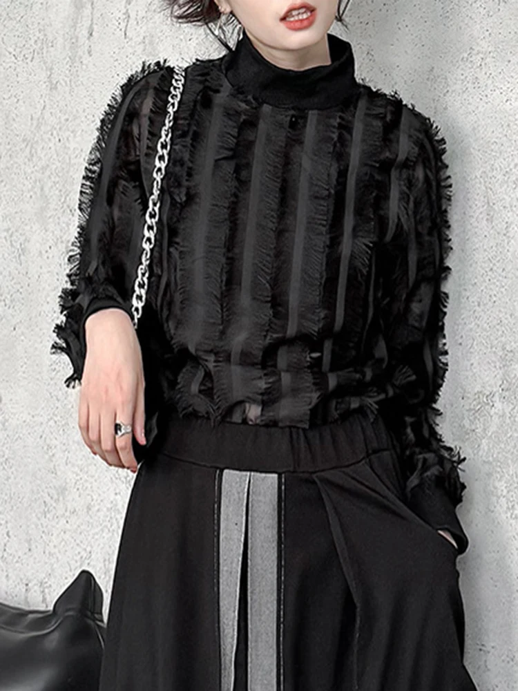 [EAM] Women Black Tassels Perspective Elegant T-shirt New Turtleneck Long Sleeve Fashion Tide Spring Autumn 2025 1DH4415