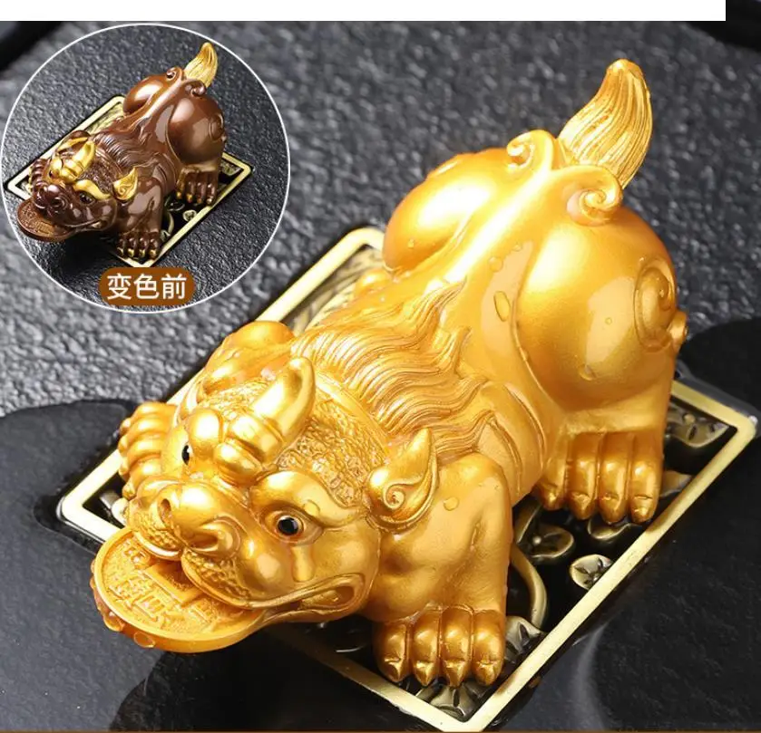 Chinese Tea Set, Pet Color Changing, Golden Tiger Statue Decoration, Office, Table, Lucky Sculpture Craft Gift，resin