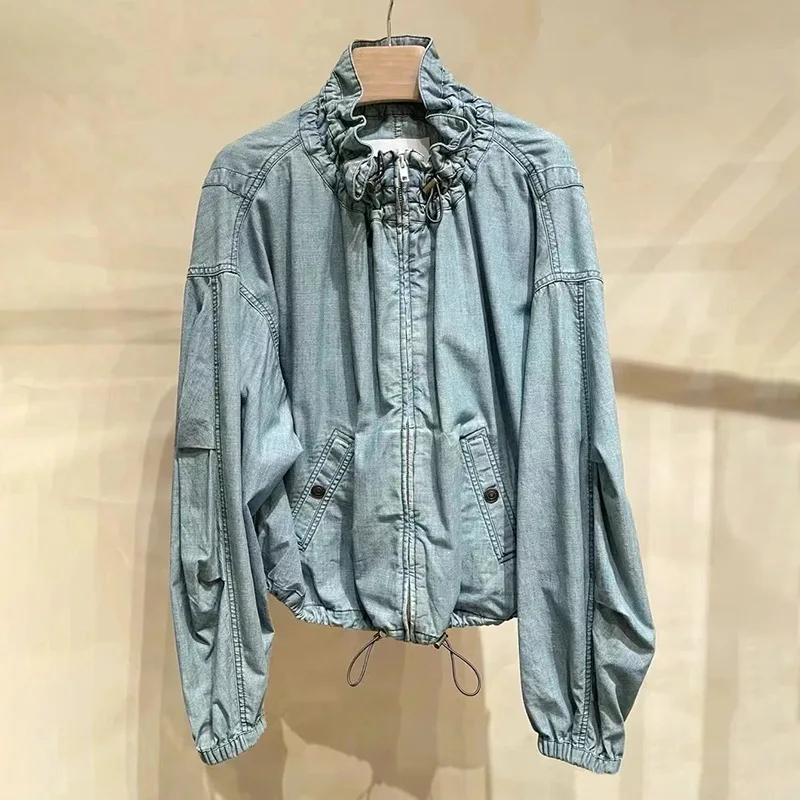 

2025 Early Autumn Vintage Cotton Jacket with Drawstring Waist Puffy Sleeves Stand Collar Zipper women jacket