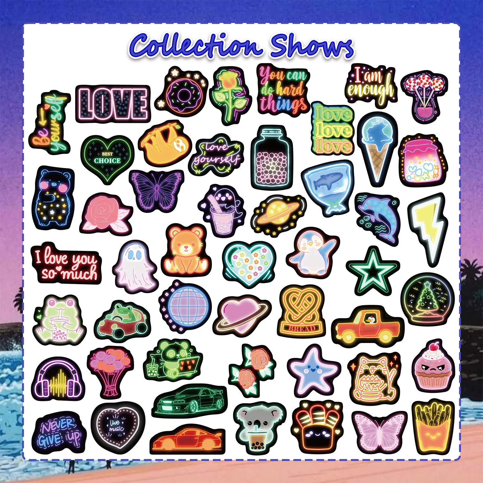 50PCS Cute Neon Lamp Cartoon Graffiti Stickers Phone Guitar Laptop Notebook Suitcase Cup Waterproof Sticker Decals Kids Toys
