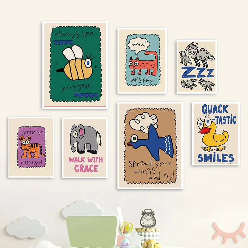 Colorful Cartoon Animal Posters Hand Painted Inspirational Quote Murals Perfect Wall Decor in Children Rooms Nurseries Bedrooms