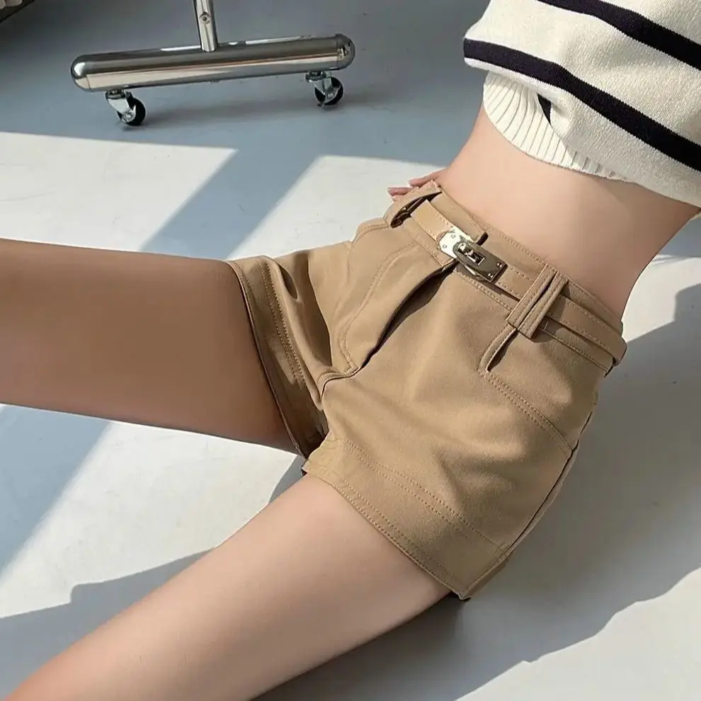 High-Waisted Versatile Belt Shorts Women Spring Autumn Hot Girls With High-End Slim Casual Khaki Plus Velvet Boot Pants