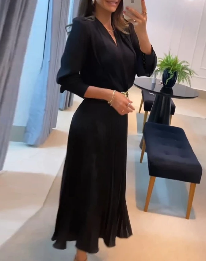 Elegancka sukienka damska 2024 Wiosna Lato Najnowsza Casual Plunge Puff Sleeve Plisowana satynowa sukienka midi Praca Długi rękaw Długa spódnica