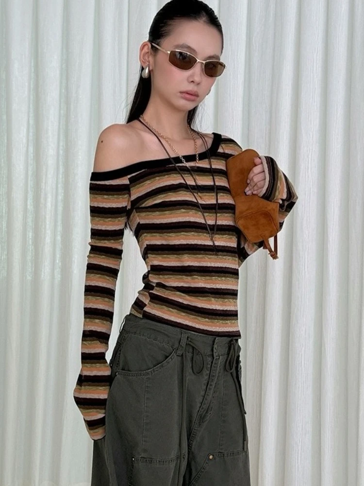 

Эстетическая футболка в контрастную цветную полоску Y2k, уличная одежда, облегающие трикотажные футболки с косым воротником, женские винтажные гранж-футболки ​ Футболки Harajuku